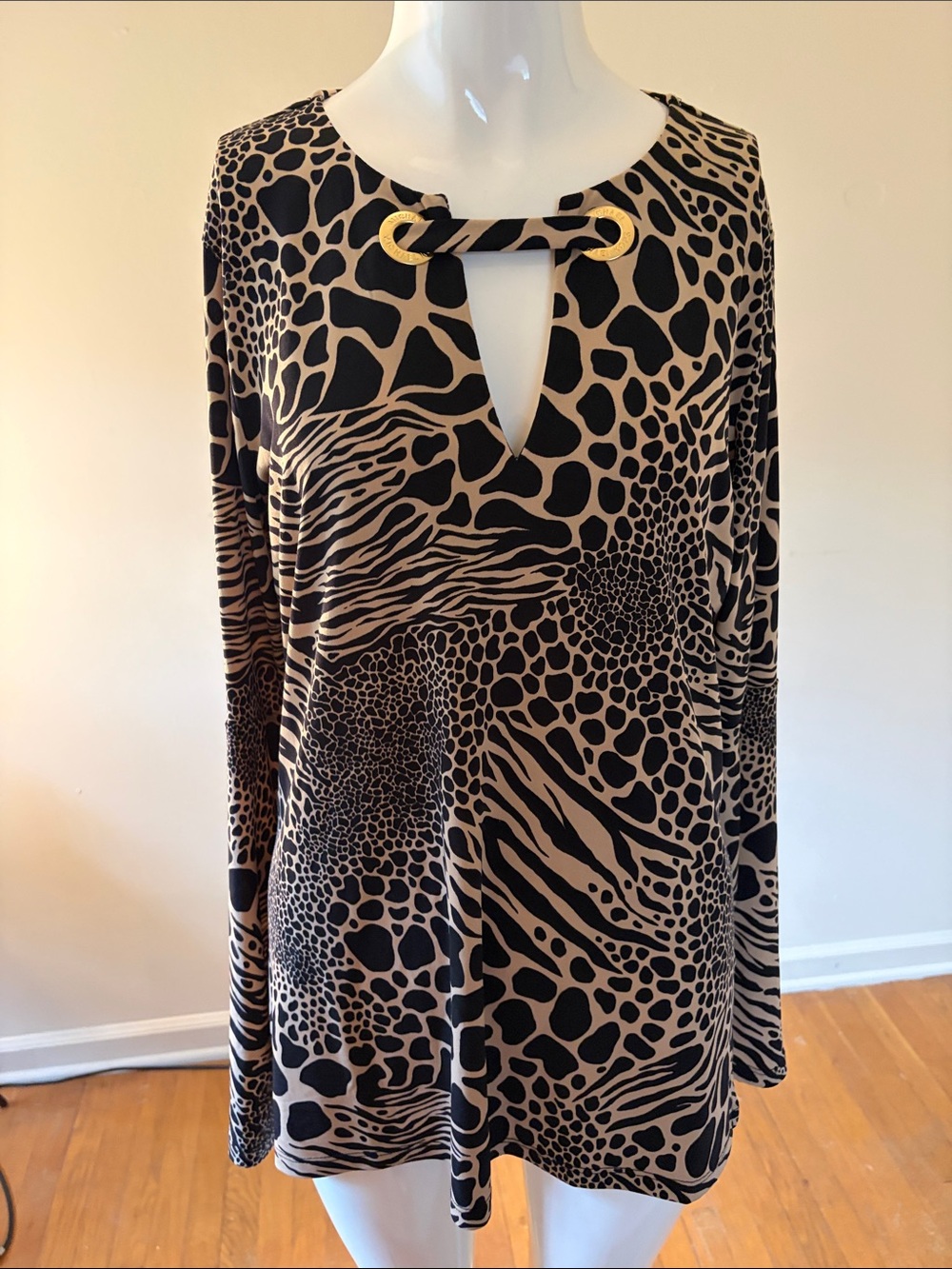 Michael Kors Black & Tan Animal-Print Long Sleeve Top with Gold Ring Detail